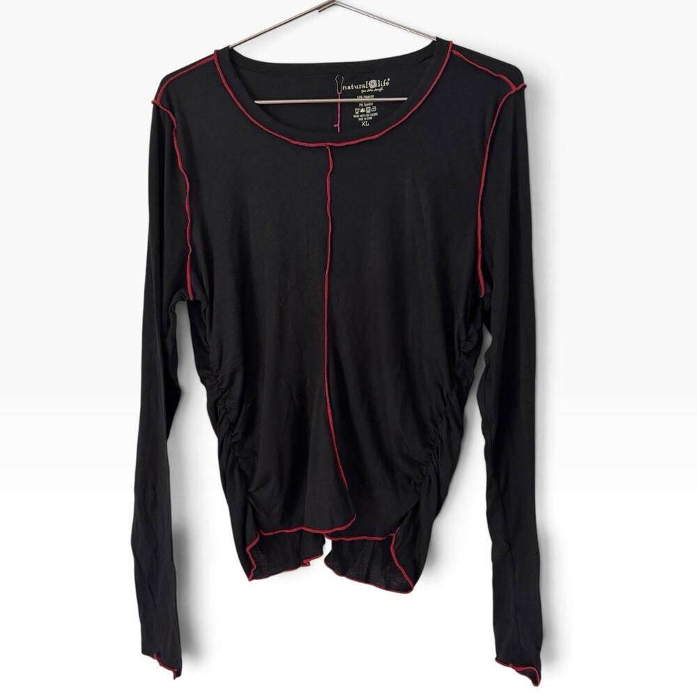 NWT Natural Life Black Contrast Stitch Long Sleeve Lettuce Hem Top Size XL
